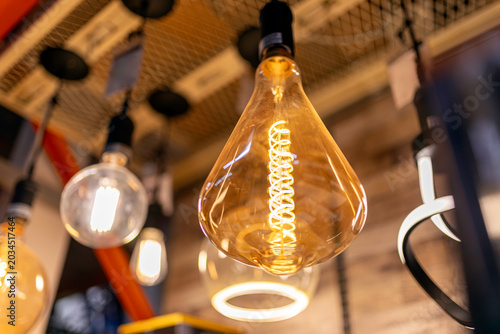 Fotografija Close-up selective focus view of decorative vintage Edison LED light bulbs with
