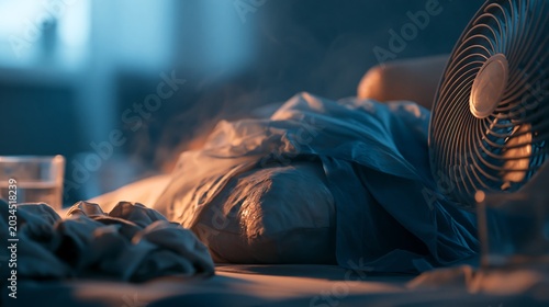 Cooling fan beside bed during heat wave night, sweaty bedding and warm bedroom atmosphere, concept of insomnia and sleeping problems caused by extreme summer heat