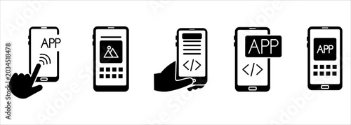 A collection of app icons on a mobile phone. Hand holding a smartphone. simple flat solid vector