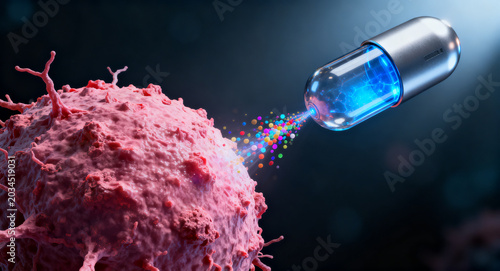 Nano-robot delivering medicine to a cancer cell, representing advanced medical treatment and technology