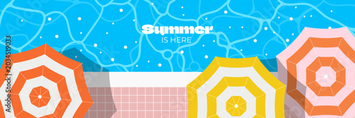Summer Pool Banner with Colorful Striped Parasols and Blue Water Top View