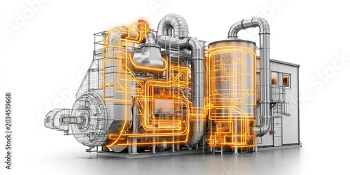 Industrial Power Plant: Engine, Pipes, and Control Panels