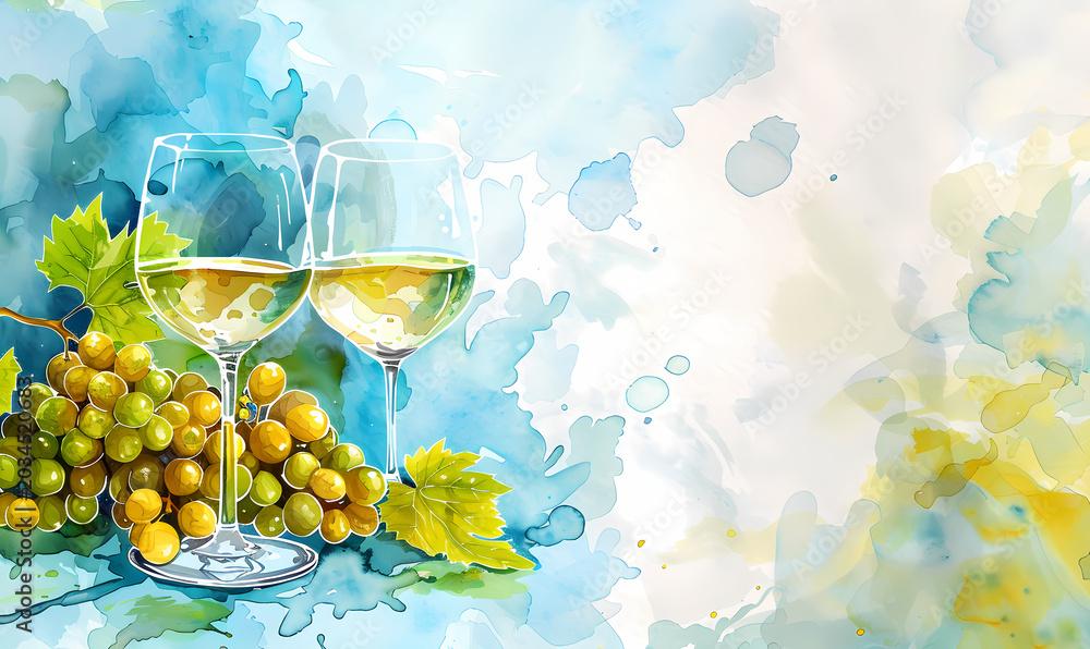 Obraz premium Watercolor illustration of two glasses of white wine with grapes and leaves. Artistic background for Jewish Sabbath, wine tasting occasion.