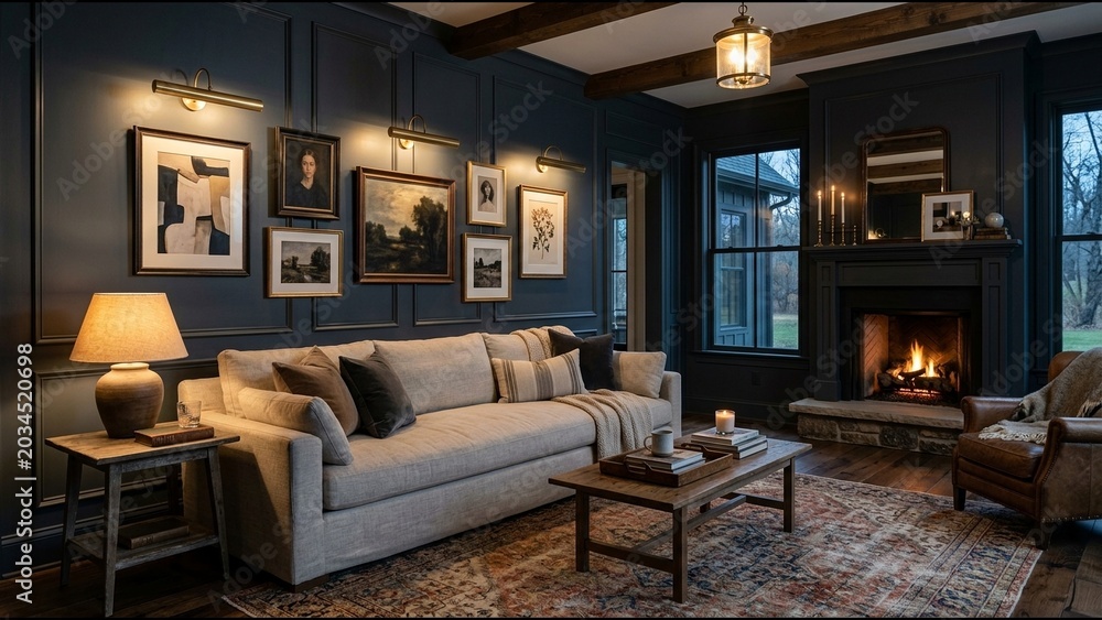 Fototapeta premium Moody transitional living room with dark blue paneled walls, vintage gallery wall, brass picture lights, and a cozy fireplace.