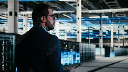 Tableau sur toile Writing code, tablet closeup and engineer in data center compiling software patches to fix bugs, Running programming script, device application and IT professional in server farm, camera A