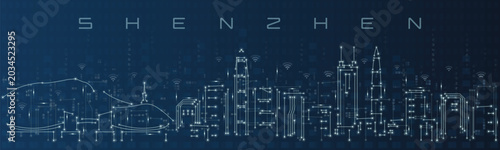 Shenzhen Smart City Skyline Vector in Circuit Board Style Futuristic Technology Background