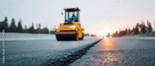 Road roller compacting fresh asphalt pavement