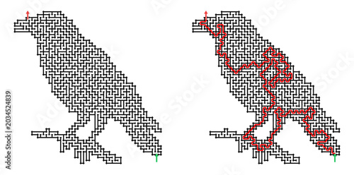 Maze crow with solution illustration in black and red outline, for Halloween theme  