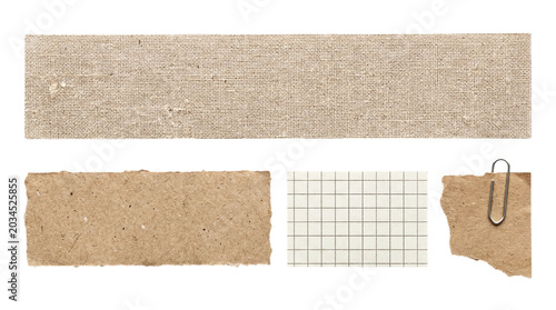 Tableau sur toile Collage set of woven canvas strip, grid paper rectangle, and torn kraft paper sc