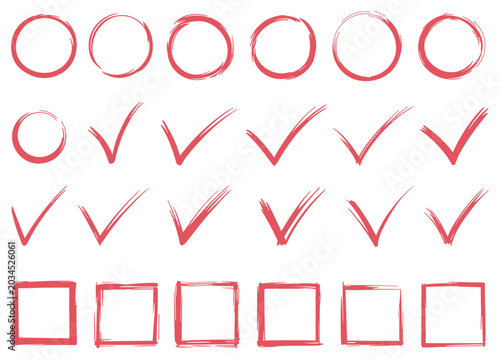Hand drawn graphic symbols. A collection of red circles, checkmarks and squares.