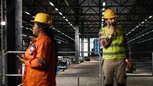 Tableau sur toile Professional engineer using walkie-talkie inside heavy industry facility, coordinating the production line with portable radio transceiver, Machinery hall with two-way communication