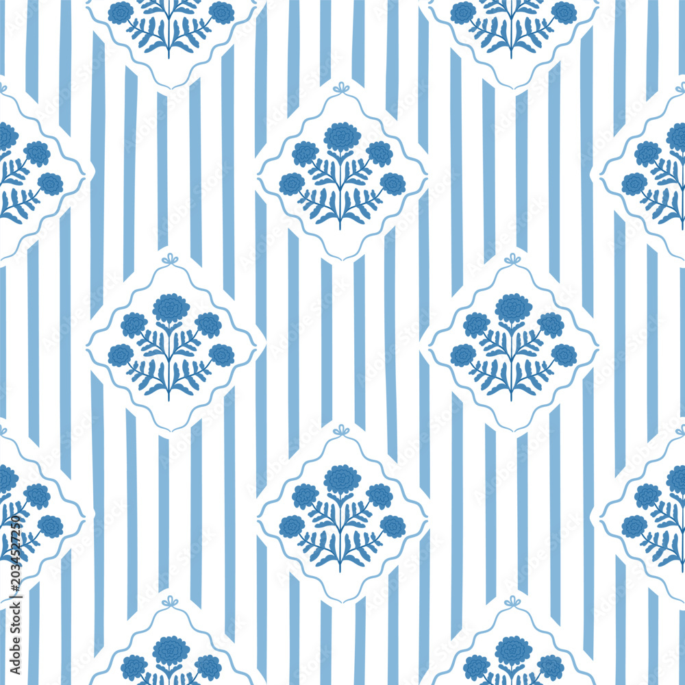 Obraz premium Blue floral block print seamless pattern. Hand drawn striped summer garden damask geometry ornament with tiny bouquet of flowers. Vector textile design, wallpaper, repeat background, print, fabric