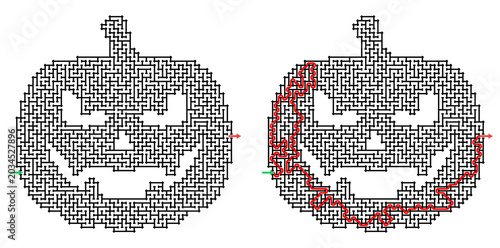 Maze jack-o-lantern with solution in black and white outline design, for Halloween theme    