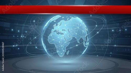 Digital Earth hologram with global data network in futuristic news studio background