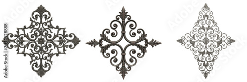 фотографія Set of three realistic ornamental vintage damask flourish elements isolated on t