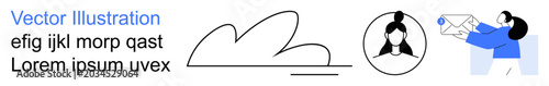 Digital communication, teamwork, user interface, cloud storage, profile setup, data sharing. Stylized cloud, avatar and person holding an envelope. Digital communication and teamwork concept