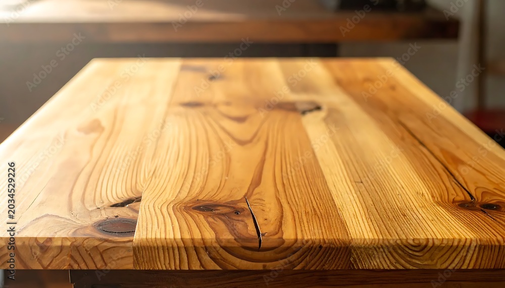 Fototapeta premium Smooth Natural Wooden Tabletop Surface in Warm Indoor Setting