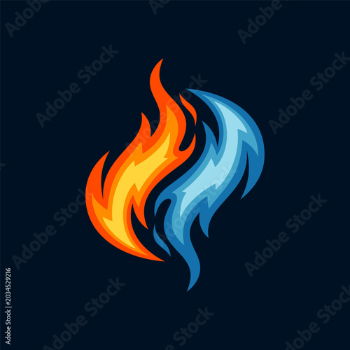 Fire and water elemental logo vector illustration, abstract flame symbols, dynamic energy concept, modern fantasy emblem, colorful branding design