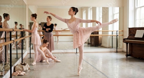 Young ballerina practices in a dance studio while an instructor watches and classmates prepare, capturing discipline, grace, training and focused teamwork in classical ballet rehearsal.