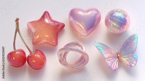 Pastel charms glow softly against a bright white background. Star, heart, sphere, and butterfly shaped objects shine with iridescent hues