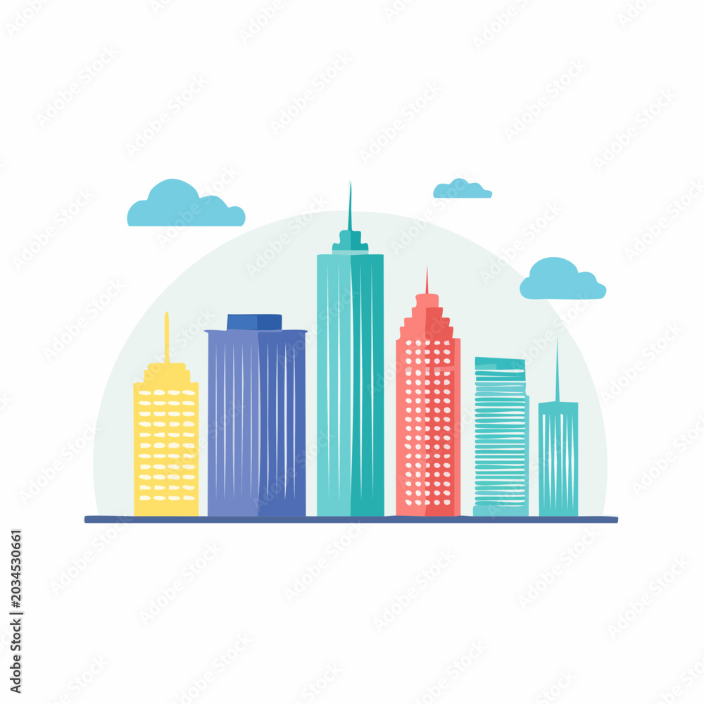 Fototapeta premium Flat Design Cityscape with Colorful Skyscrapers and Clouds