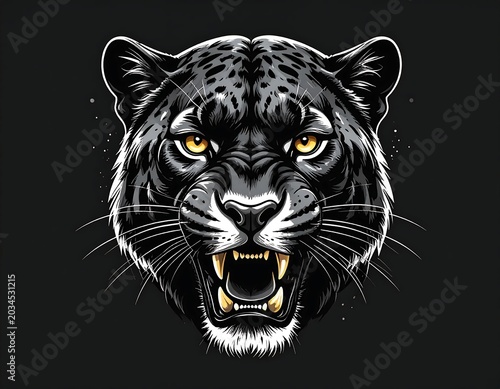 Fierce Black Panther Head Roaring in Dark Background