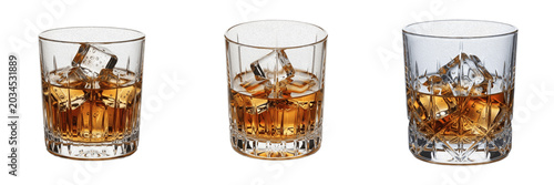 Set of Three Whiskey Glasses with Ice Cubes and Amber Alcohol, Crystal Tumblers for Spirits and Cocktails, Isolated Transparent PNG Files, Premium Barware Collection for Beverage Photography and Graph