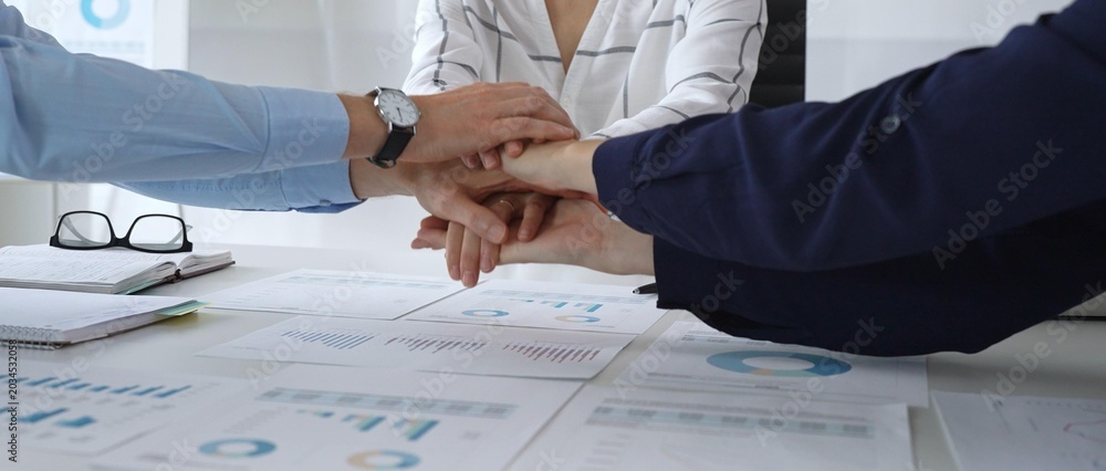 Billede på lærred Teamwork and business collaboration with colleagues joining hands over financial