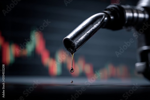 Fuel pump nozzle with oil droplet poised above stock market charts in dark setting