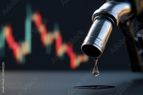 Fuel pump nozzle is ready to release oil droplet against stock market background