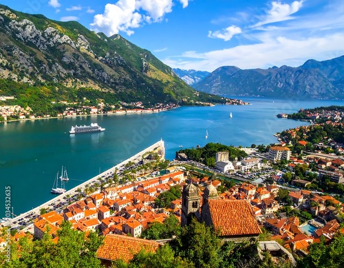 Colorful Coastal Town Overlooking Blue Bay with Mountain Range and Boats