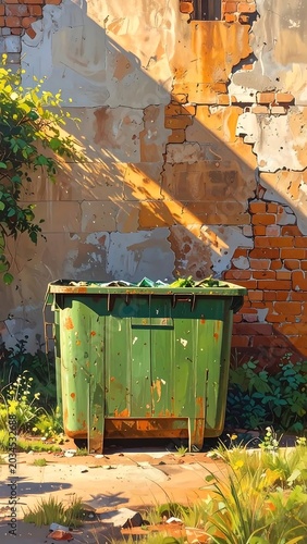 Weathered Green Dumpster Standing by Cracked Brick Wall in Sunlit Urban Alley