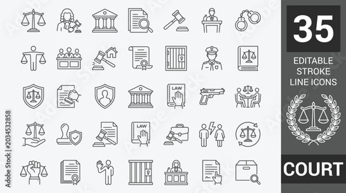 Schilderij op canvas Court icon set. Editable line icons. Vector illustration.
