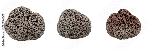 Set of Three Natural Volcanic Pumice Stones, Rough Porous Lava Rock Textures for Pedicure and Skin Exfoliation, Isolated Transparent PNG Files, Organic Beauty and Spa Equipment Collection for Bath Car