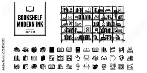 Photos Modern Bookshelf Ink Black White-Book Shelf Decorative Object Grid-Study Room Ve