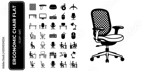 Foto Ergonomic Office Chair Flat Black White-Mesh Back Armrest Seat Form-Office Vecto