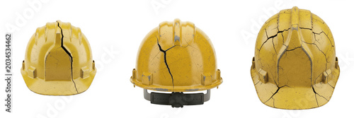 Broken yellow hard hat set with cracked construction safety helmets isolated on transparent background, damaged industrial engineer head protection clipart png cutout for work accident concept stock m