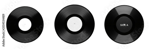 Εκτύπωση καμβά Vinyl record set with retro black gramophone LP discs isolated on transparent ba