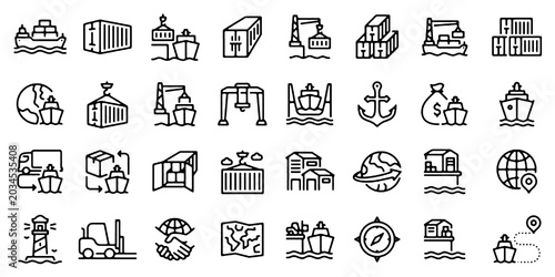 Obraz na płótnie Shipping Logistics Line Icon Set with Cargo Ship, Port Crane, Container and Deli