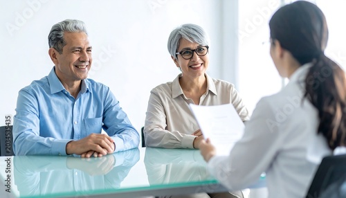 Smiling Senior Couple Meeting Female Advisor at Bright Office Table