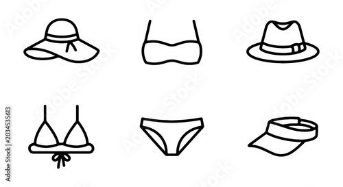 Fotografía Set of summer beach accessories icons, including hats, bikini tops, bikini botto