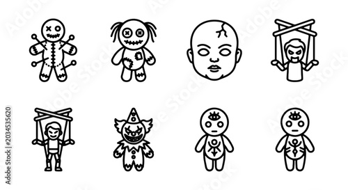 Obraz na płótnie Set of creepy dolls and puppets icons, including voodoo doll, marionette, scary