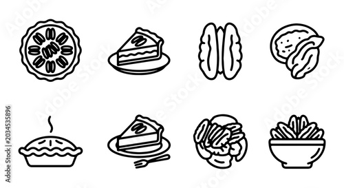 Set of pecan pie and nut icons, including whole pie, slice, bowl of nuts, and individual pecans