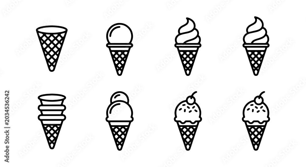 Fototapeta premium Set of ice cream icons, vector illustration of various types of ice cream in waffle cones