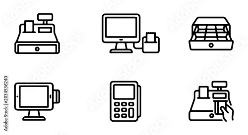 Set of point of sale and payment terminal icons, including cash register, computer, card reader, and tablet pos systems