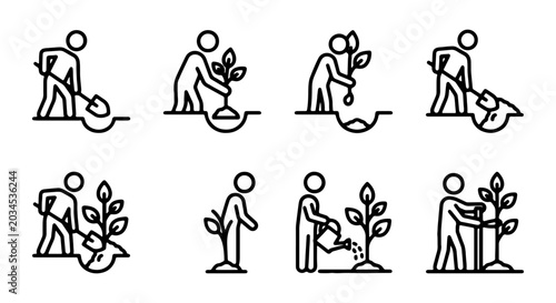 Photos Set of planting icons, gardening process, people planting trees and flowers, vec