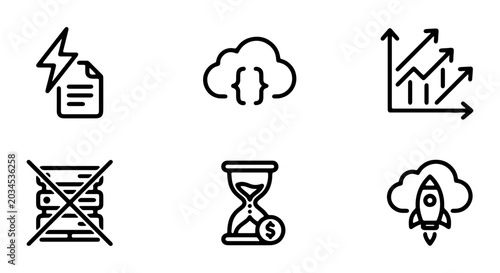 Set of thin line icons for cloud computing, serverless architecture, and business growth