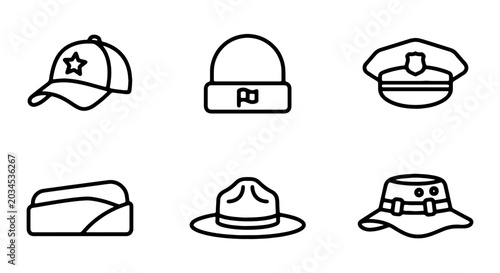 Photos Set of various headwear icons, including baseball cap, beanie, police cap, garri