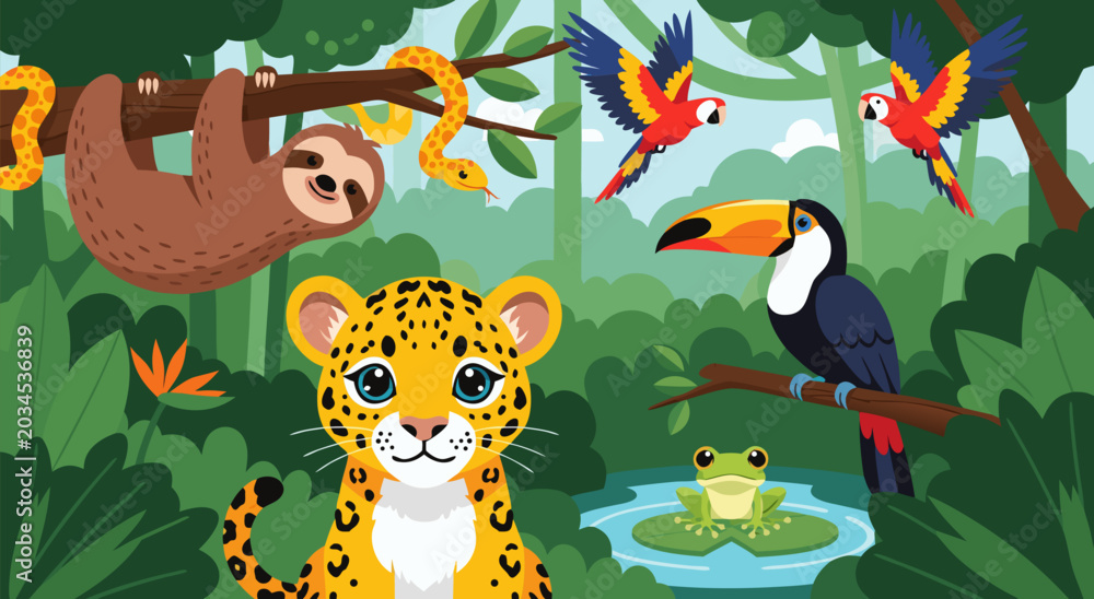 Obraz premium Vibrant Amazonian Rainforest Animals vector illustration featuring a jaguar, sloth, toucan, parrot, frog, and snake in a lush jungle setting