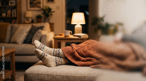 ソファでブランケットに包まれながらくつろぐ、温かみある夜のホームシーン。
落ち着いた室内色と浅い被写界深度が、穏やかなリラックス空間を演出します。
余白を活かしたミニマル構図で、暮らし系広告やウェルネス表現に最適。